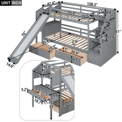Twin Over Twin Bunk Bed with Desk, Storage Stairs, Slide & Drawers – Gray Wood Kids Loft Bed with Shelve