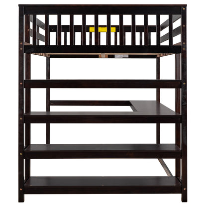 Full Size Loft Bed with Desk & Storage Shelves – Espresso Wood Loft Bed with Built-In Workstation