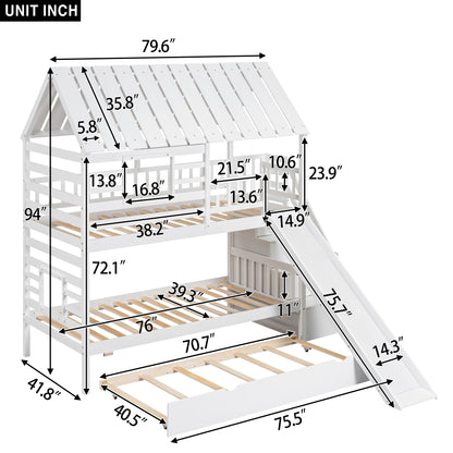 Twin Over Twin House Bunk Bed with Slide, Trundle & Storage Stairs – White Wood Kids Playhouse Bed with Roof & Window