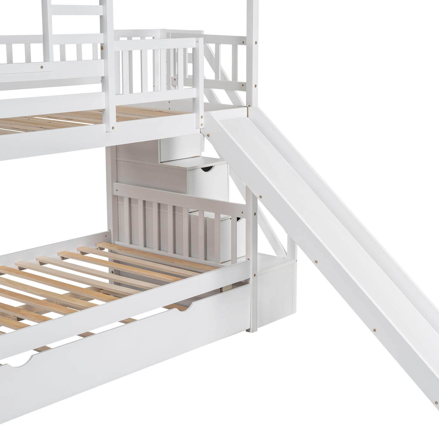 Twin Over Twin House Bunk Bed with Slide, Trundle & Storage Stairs – White Wood Kids Playhouse Bed with Roof & Window