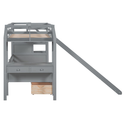 Twin Over Twin Bunk Bed with Desk, Storage Stairs, Slide & Drawers – Gray Wood Kids Loft Bed with Shelve