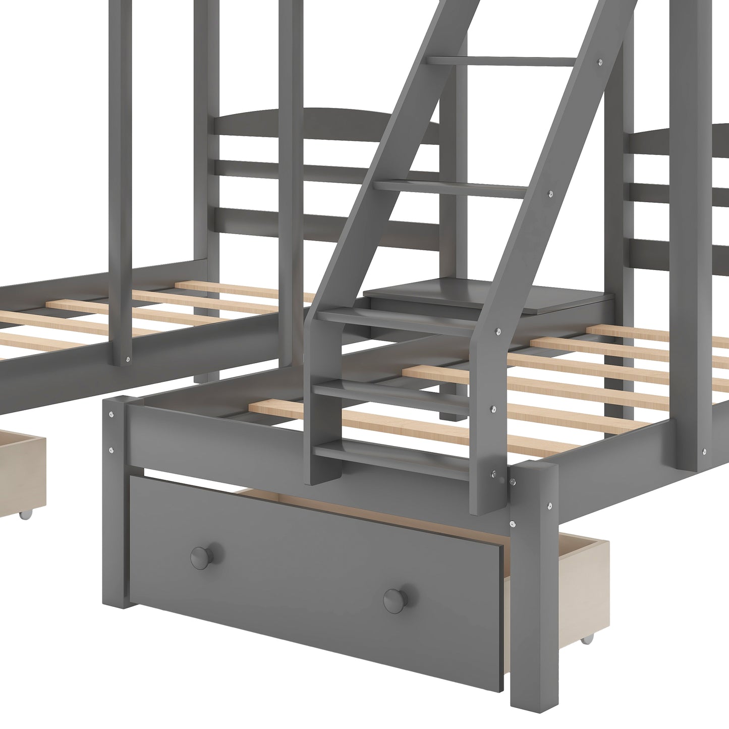 Full Over Twin Triple Bunk Bed with Storage Drawers – Gray Wood 3 Bed Bunk Bed for Kids, Teens & Families