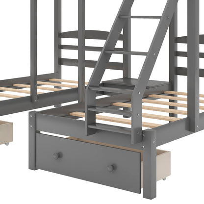 Full Over Twin Triple Bunk Bed with Storage Drawers – Gray Wood 3 Bed Bunk Bed for Kids, Teens & Families