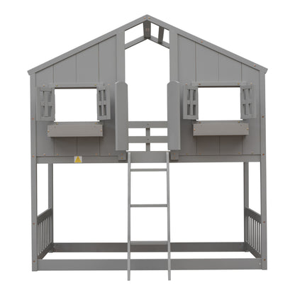 Twin over Twin House Bunk Bed with Roof , Window, Window Box, Door , with Safety Guardrails and Ladder, Grey