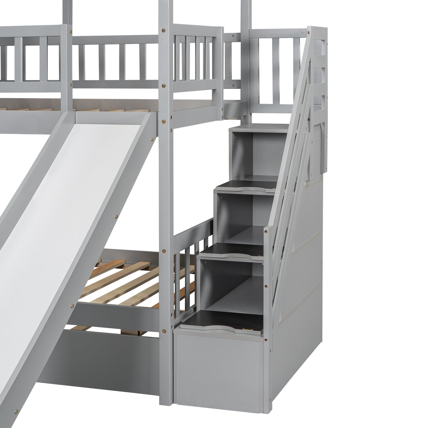 Twin Over Twin House Bunk Bed with Slide, Trundle & Storage Stairs – Gray Wood Kids Playhouse Bed with Roof & Windo