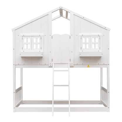 Twin over Twin House Bunk Bed with Roof , Window, Window Box, Door , with Safety Guardrails and Ladder,White