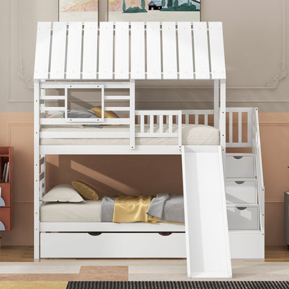 Twin Over Twin House Bunk Bed with Slide, Trundle & Storage Stairs – White Wood Kids Playhouse Bed with Roof & Window