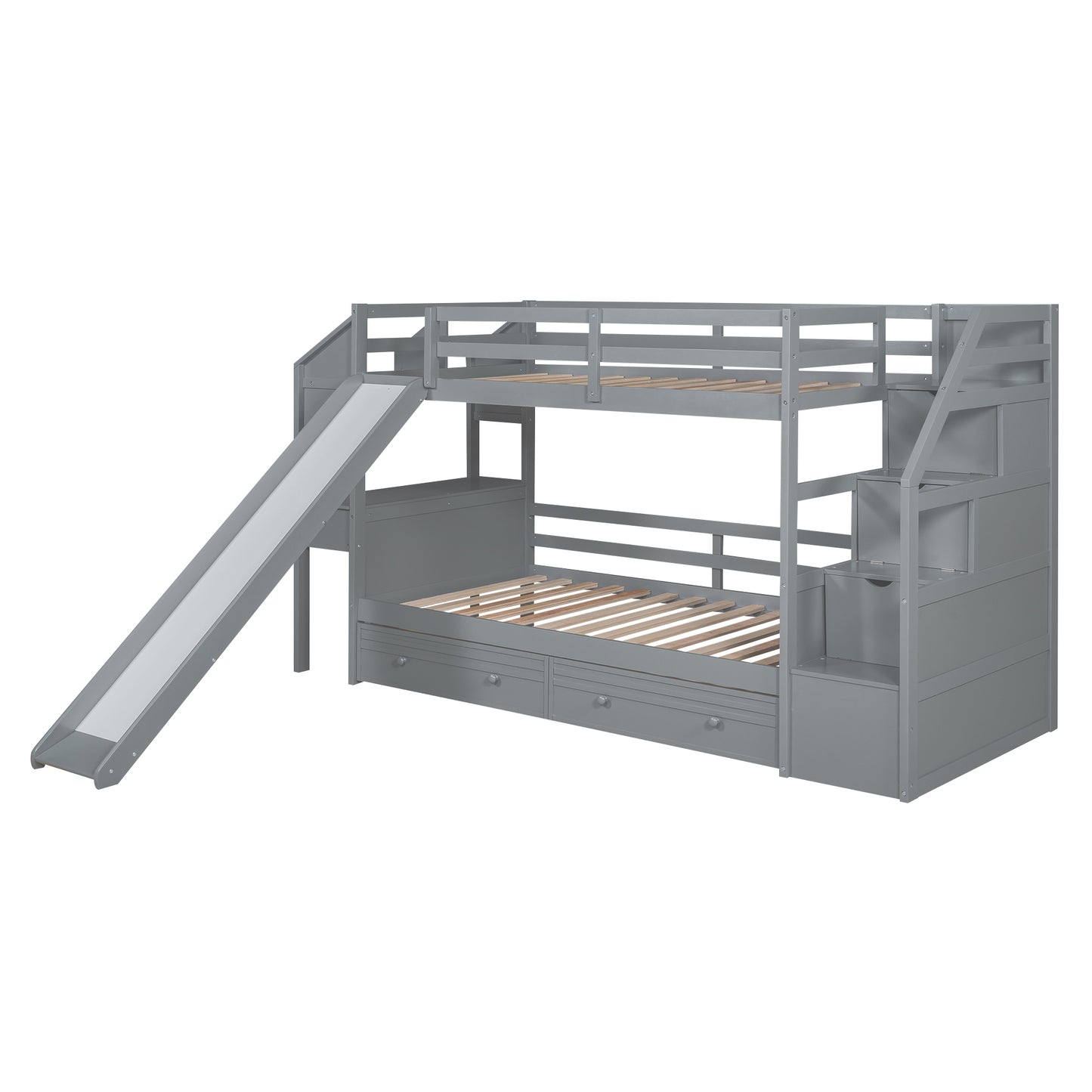 Twin Over Twin Bunk Bed with Desk, Storage Stairs, Slide & Drawers – Gray Wood Kids Loft Bed with Shelve