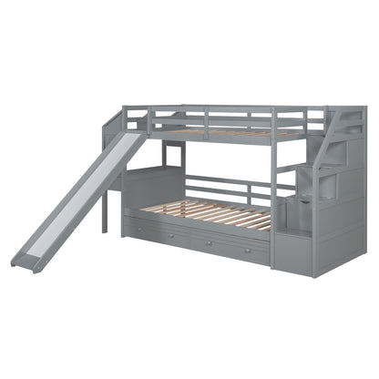 Twin Over Twin Bunk Bed with Desk, Storage Stairs, Slide & Drawers – Gray Wood Kids Loft Bed with Shelve