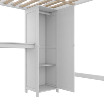 Full Size Loft Bed with Desk, Wardrobe, Cabinet & Bookshelf – White Wood Storage Loft Bed for Kids & Teens