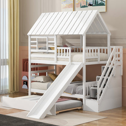 Twin Over Twin House Bunk Bed with Slide, Trundle & Storage Stairs – White Wood Kids Playhouse Bed with Roof & Window