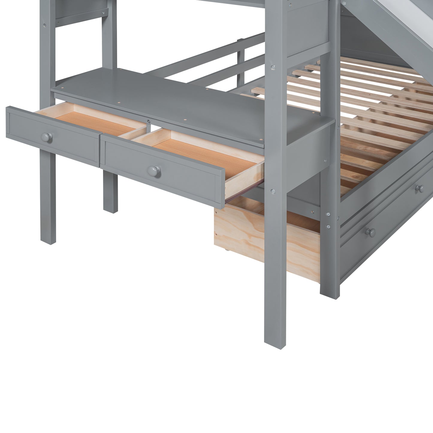 Twin Over Twin Bunk Bed with Desk, Storage Stairs, Slide & Drawers – Gray Wood Kids Loft Bed with Shelve