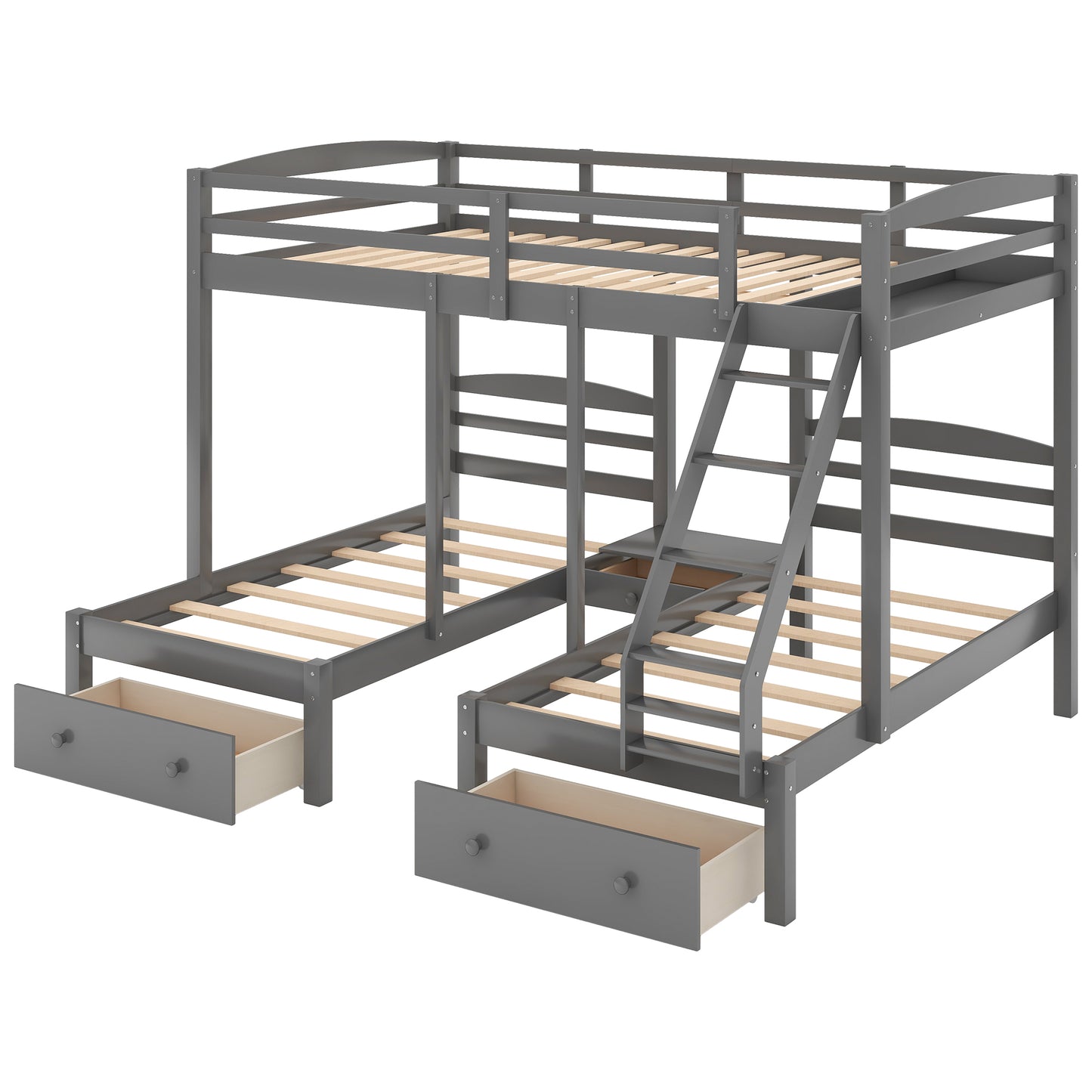 Full Over Twin Triple Bunk Bed with Storage Drawers – Gray Wood 3 Bed Bunk Bed for Kids, Teens & Families