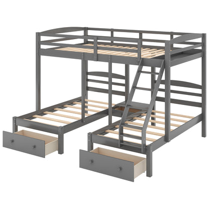 Full Over Twin Triple Bunk Bed with Storage Drawers – Gray Wood 3 Bed Bunk Bed for Kids, Teens & Families