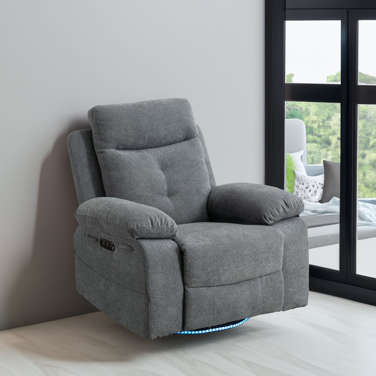 Power Swivel Recliner Chair with Bluetooth Speaker, LED Lights, USB-C Charging & 270° Glider Recliner – Light Grey