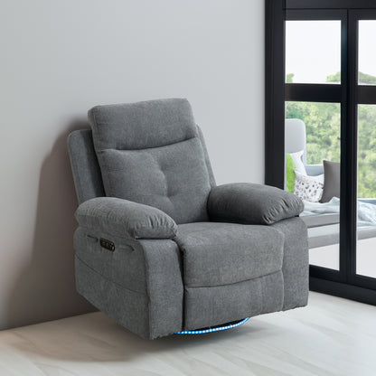 Power Swivel Recliner Chair with Bluetooth Speaker, LED Lights, USB-C Charging & 270° Glider Recliner – Light Grey