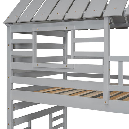 Twin Over Twin House Bunk Bed with Slide, Trundle & Storage Stairs – Gray Wood Kids Playhouse Bed with Roof & Windo